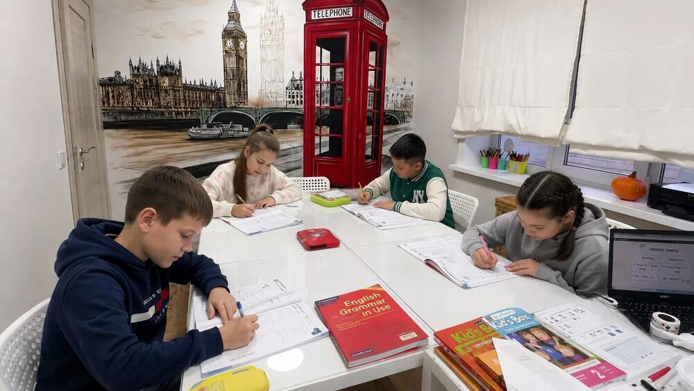 Группа школьников на занятии английским языком в Hello English